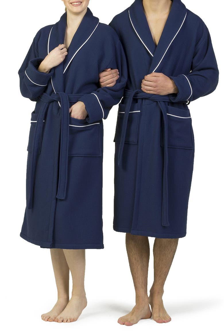 Hotel Collection Satin Piped Trim Waffle Terry Bathrobe, Main, color, NAVY