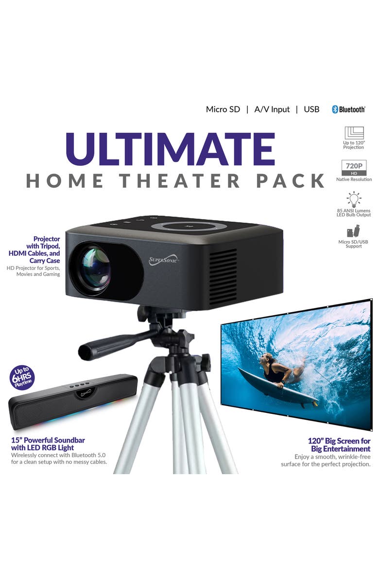 Ultimate Home Theater Pack with Soundbar and Projector, Alternate, color, Black
