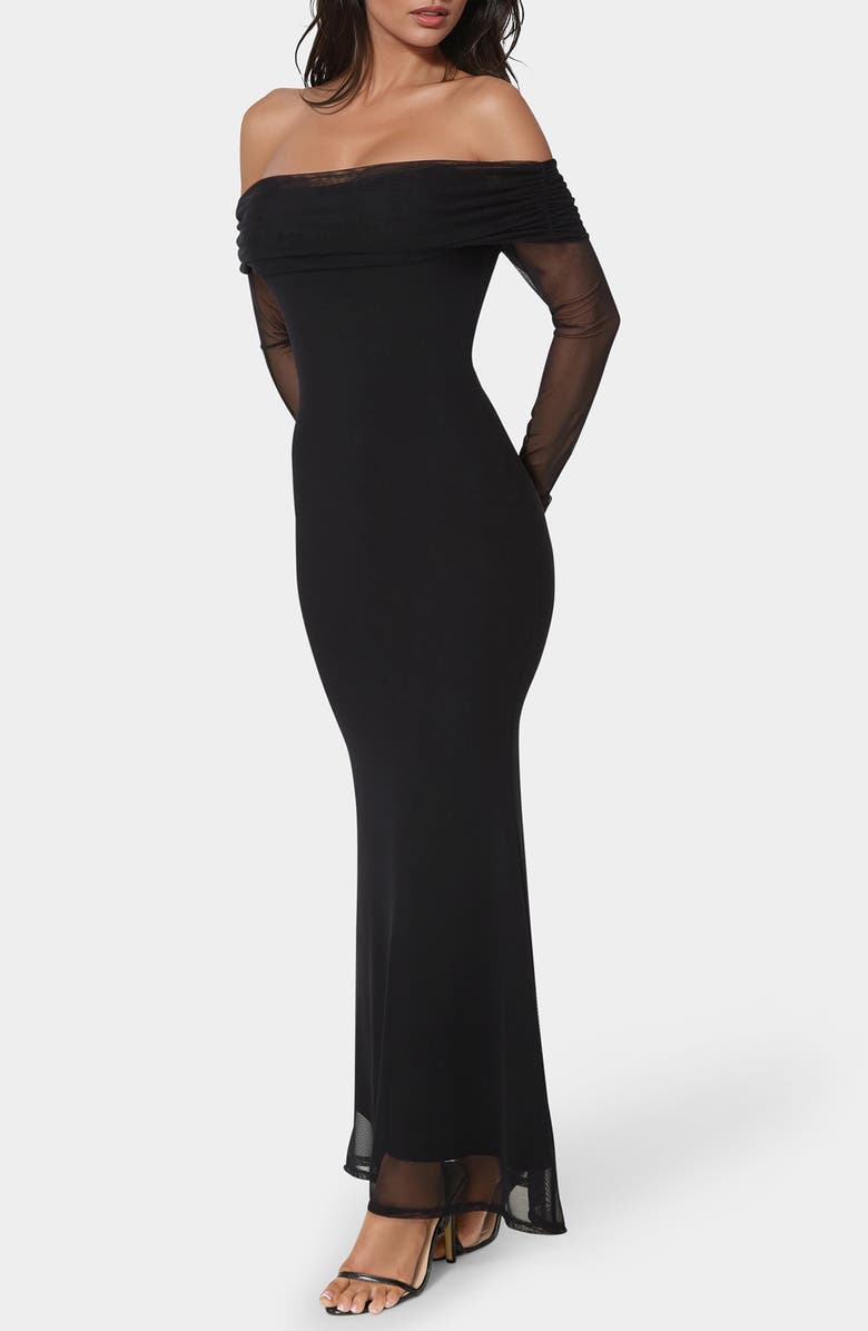 bebe Long Sleeve Off-the-Shoulder Maxi Dress, Alternate, color,
