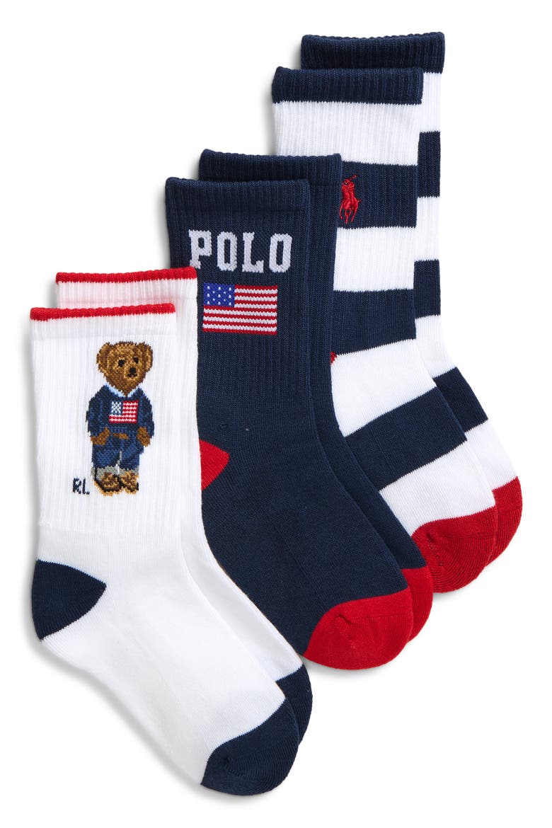 Kids' Americana Bear 3-Pack Quarter Socks, Main, color, WHITE ASSORTED