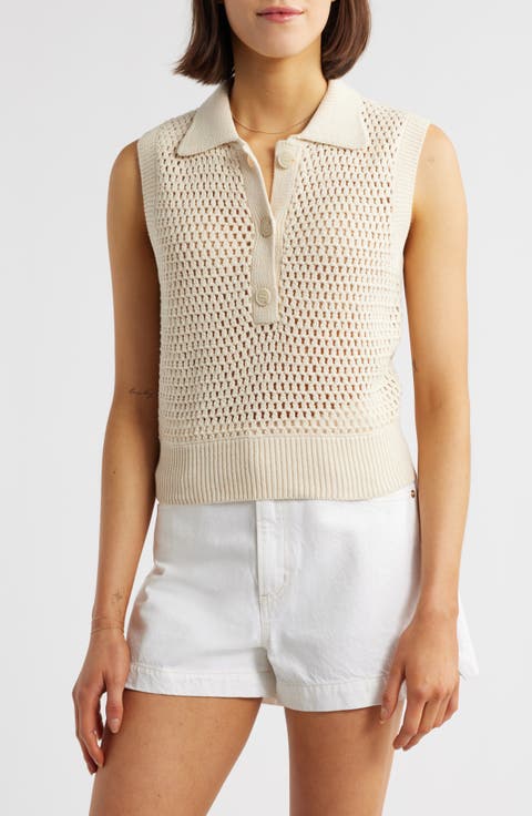Openwork Sleeveless Polo Sweater