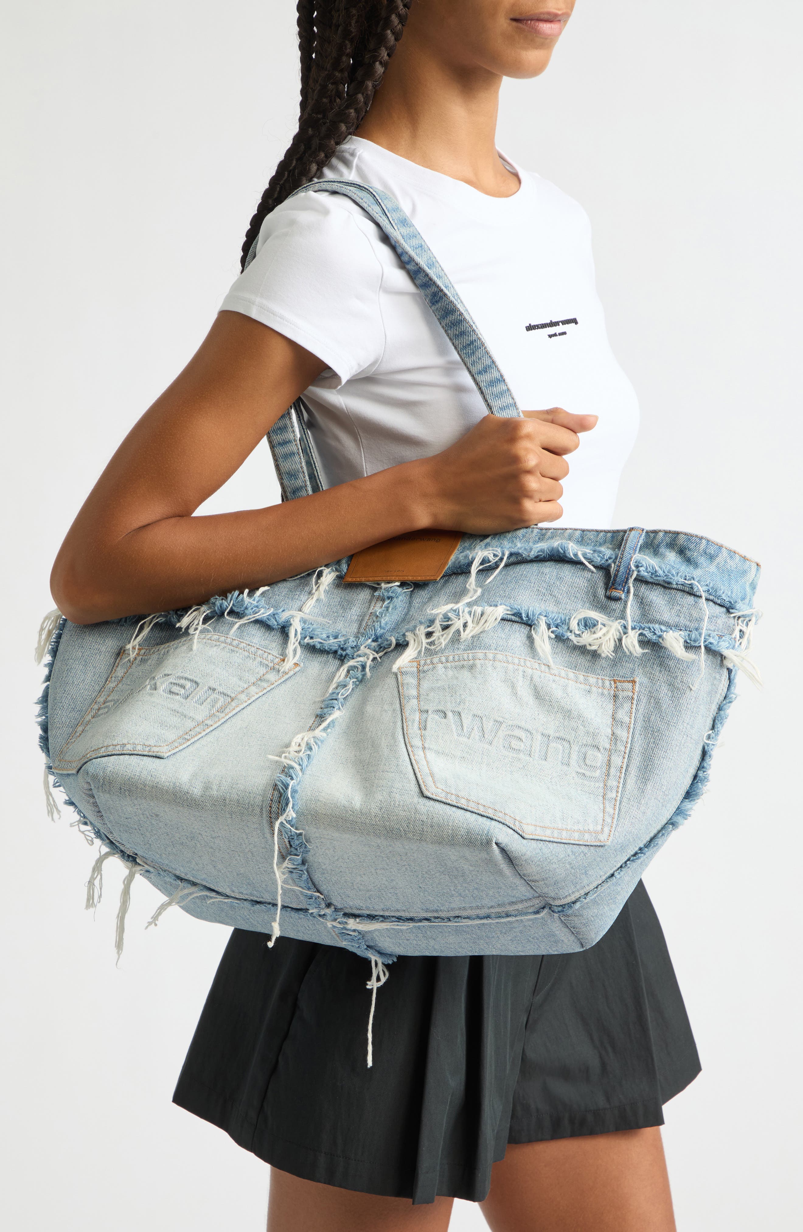 Medium Punch Logo Denim Fray Tote, Alternate, color, BLEACH BLUE