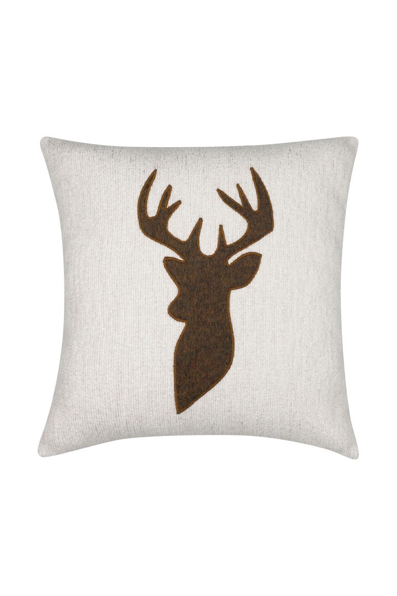 Woodland Stag Applique Chenille Indoor & Outdoor Woven Accent Pillow, Main, color, Ivory