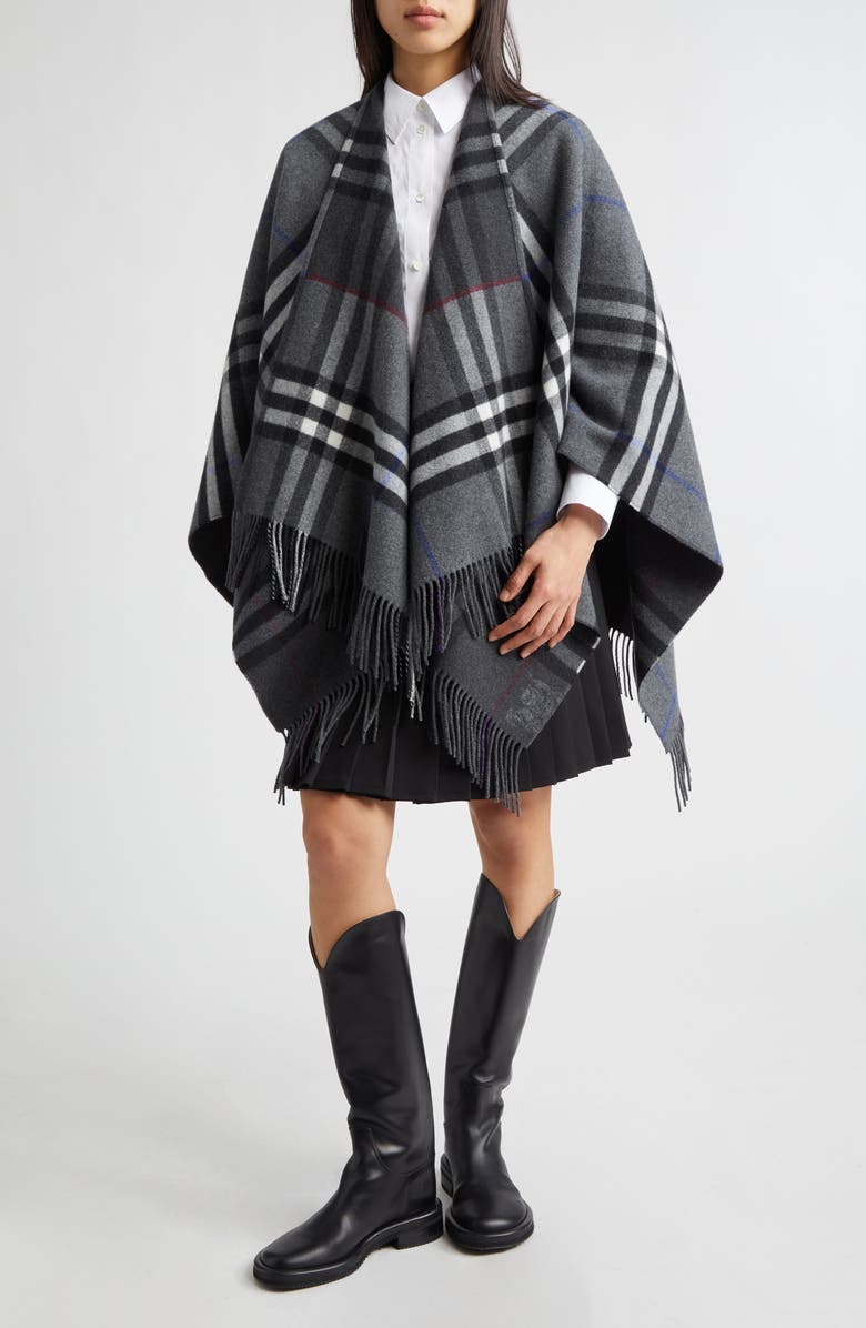 Burberry Check Double Face Cashmere & Wool Cape, Alternate, color, Marlborough Grey/ Cha