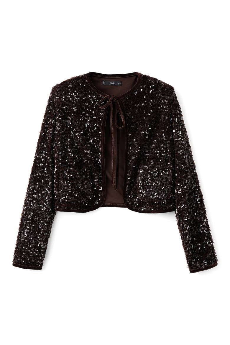 Sequin Velvet Tie Neck Jacket, Alternate, color, CHOCOLATE