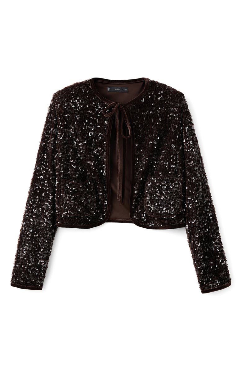 MANGO Sequin Velvet Tie Neck Jacket, Alternate, color, Chocolate