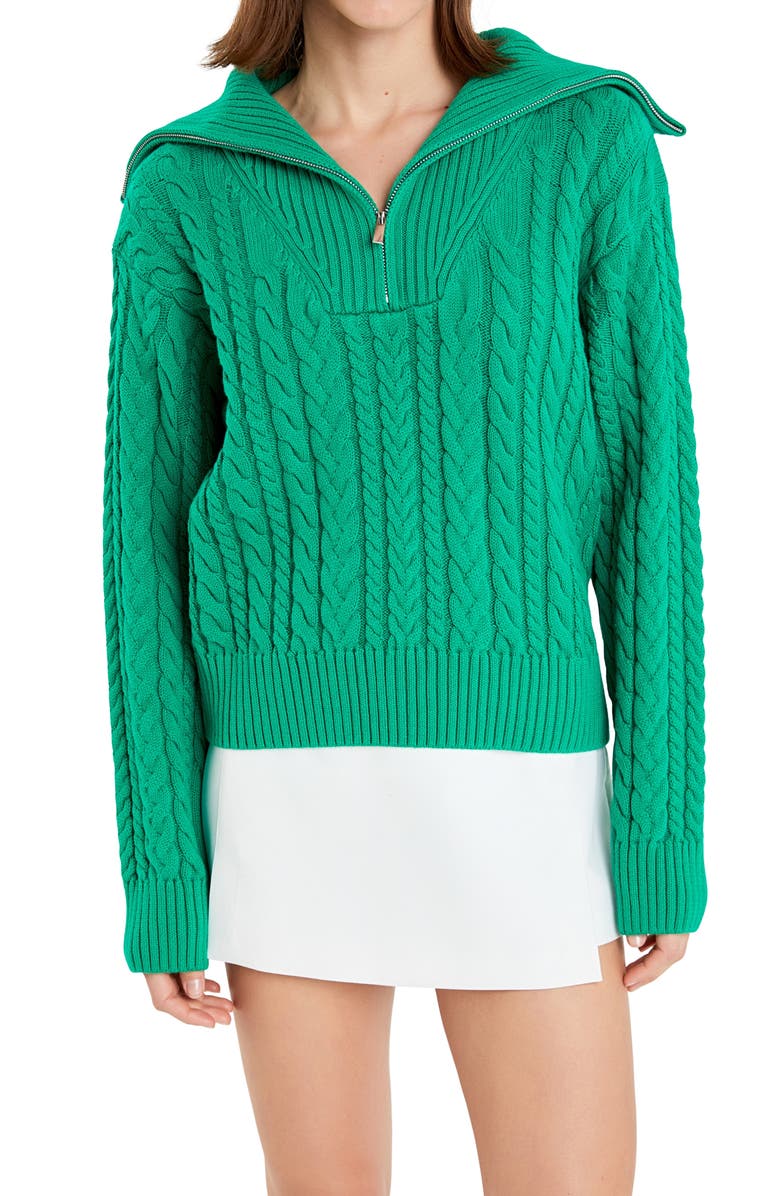English Factory Quarter Zip Cable Knit Cotton Sweater, Alternate, color, Green