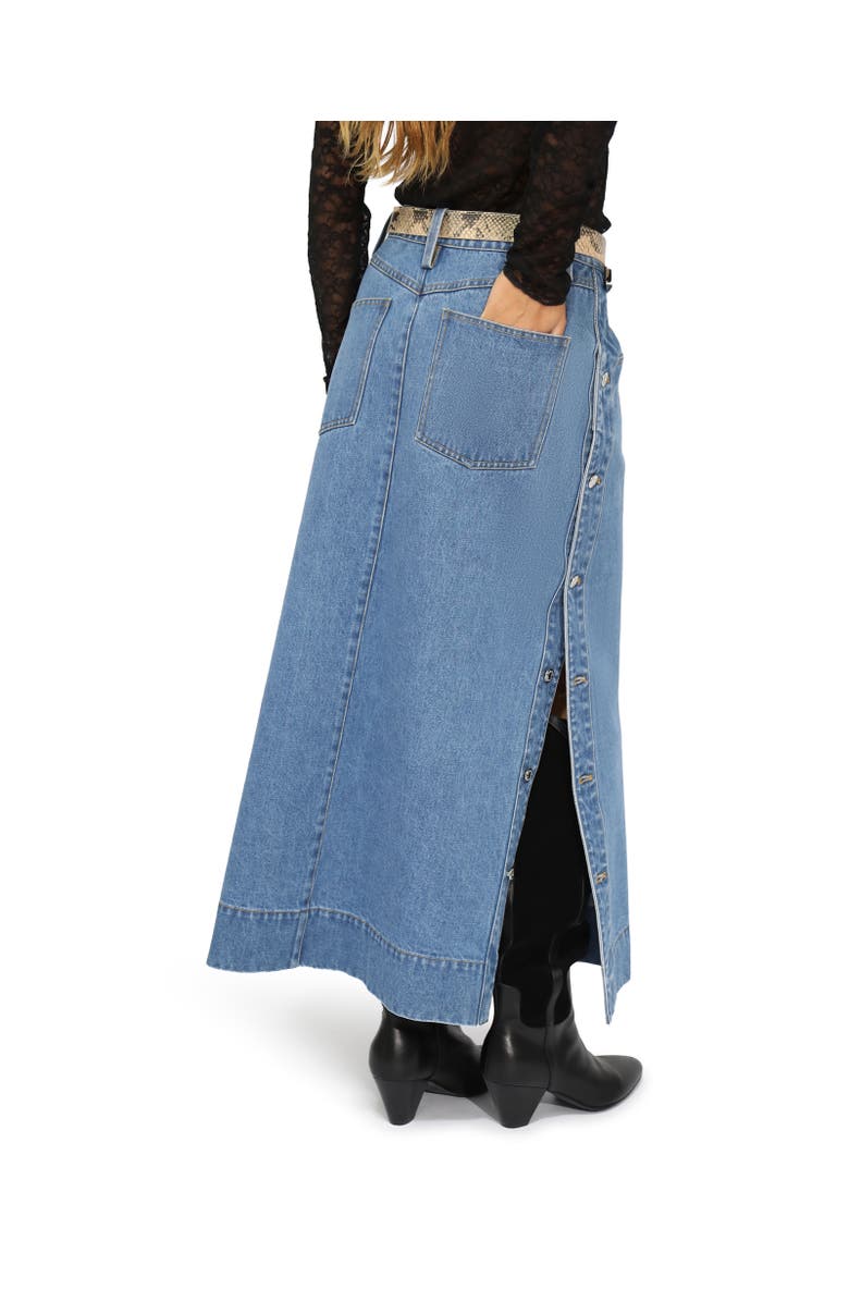 Belle & Bloom Edge Line Denim Maxi Skirt with Side Buttons, Alternate, color, Dark Blue