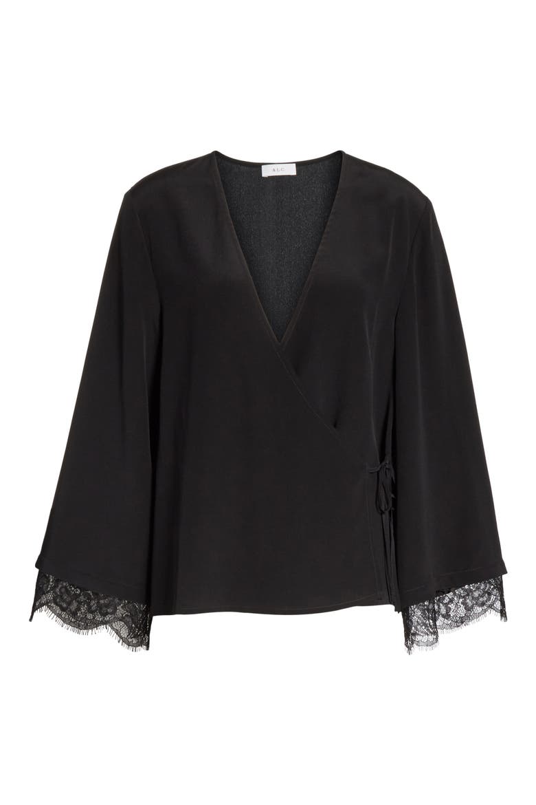Riona Lace Trim Silk Wrap Blouse, Alternate, color, BLACK