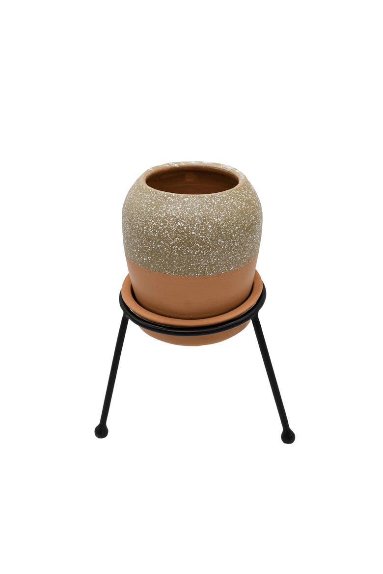 Splatter Planter Saucer & Stand Black Metal & Tan Terracotta, Main, color, Beige