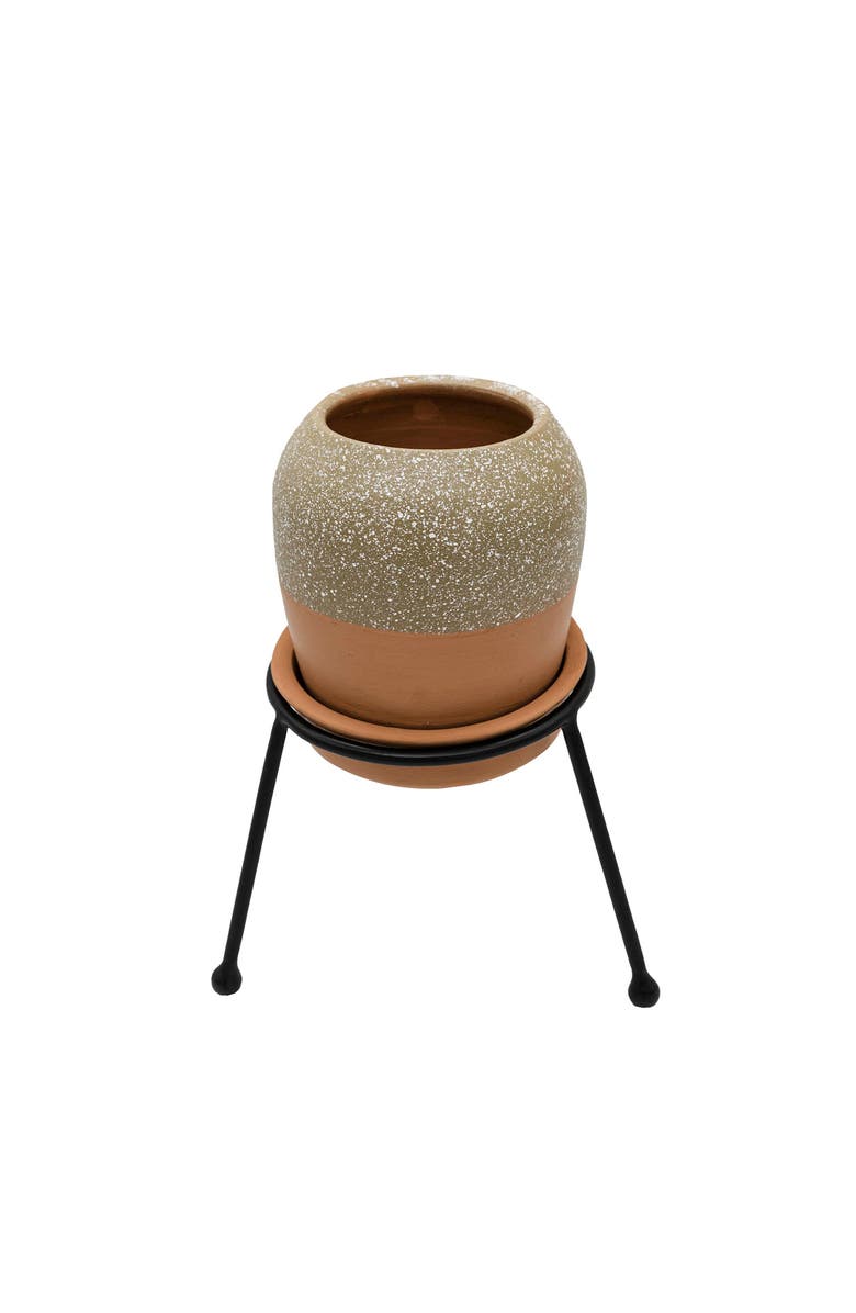 Foreside Home and Garden Splatter Planter Saucer & Stand Black Metal & Tan Terracotta, Main, color, Beige