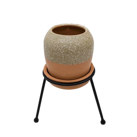 Splatter Planter Saucer & Stand Black Metal & Tan Terracotta