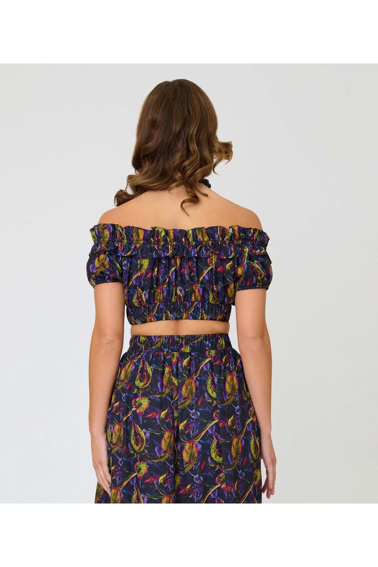 1970s Off Ruffle Up Crop Top, Alternate, color, Purple w/ Plants Print