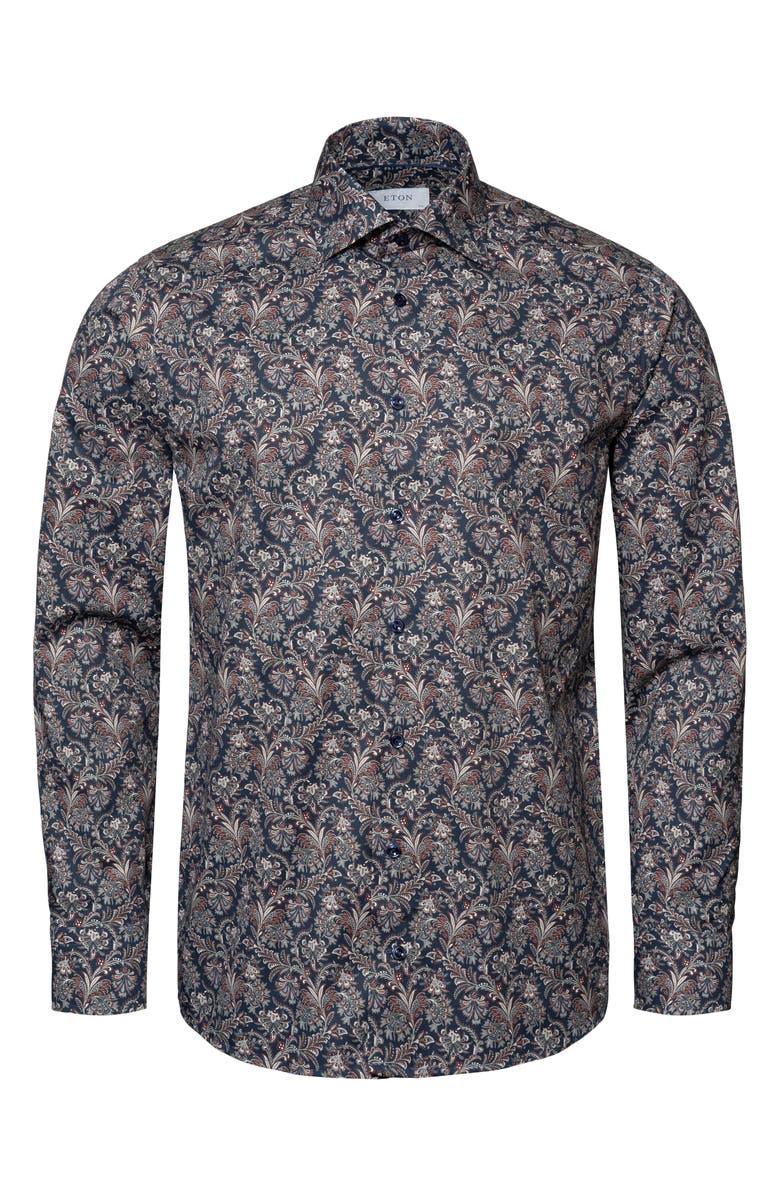 Eton Slim Fit Paisley Dress Shirt, Alternate, color, Navy