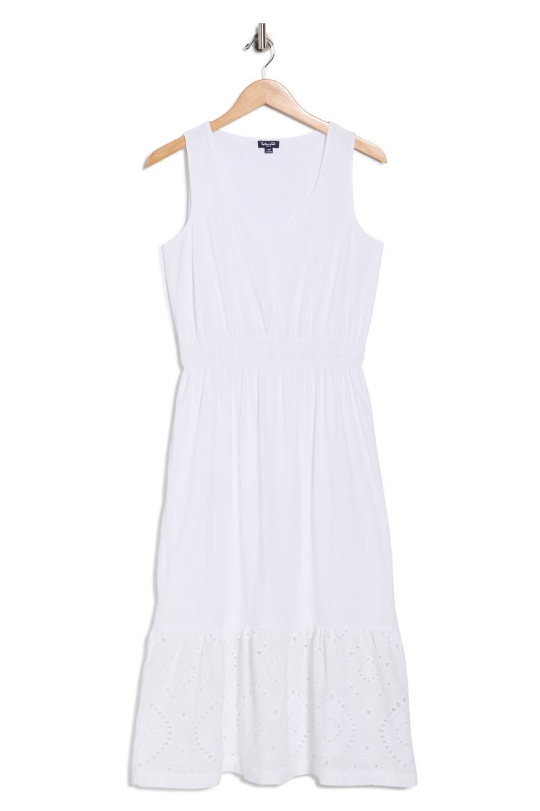 Embroidered Eyelet Sleeveless Cotton Blend Midi Dress, Alternate, color, WHITE