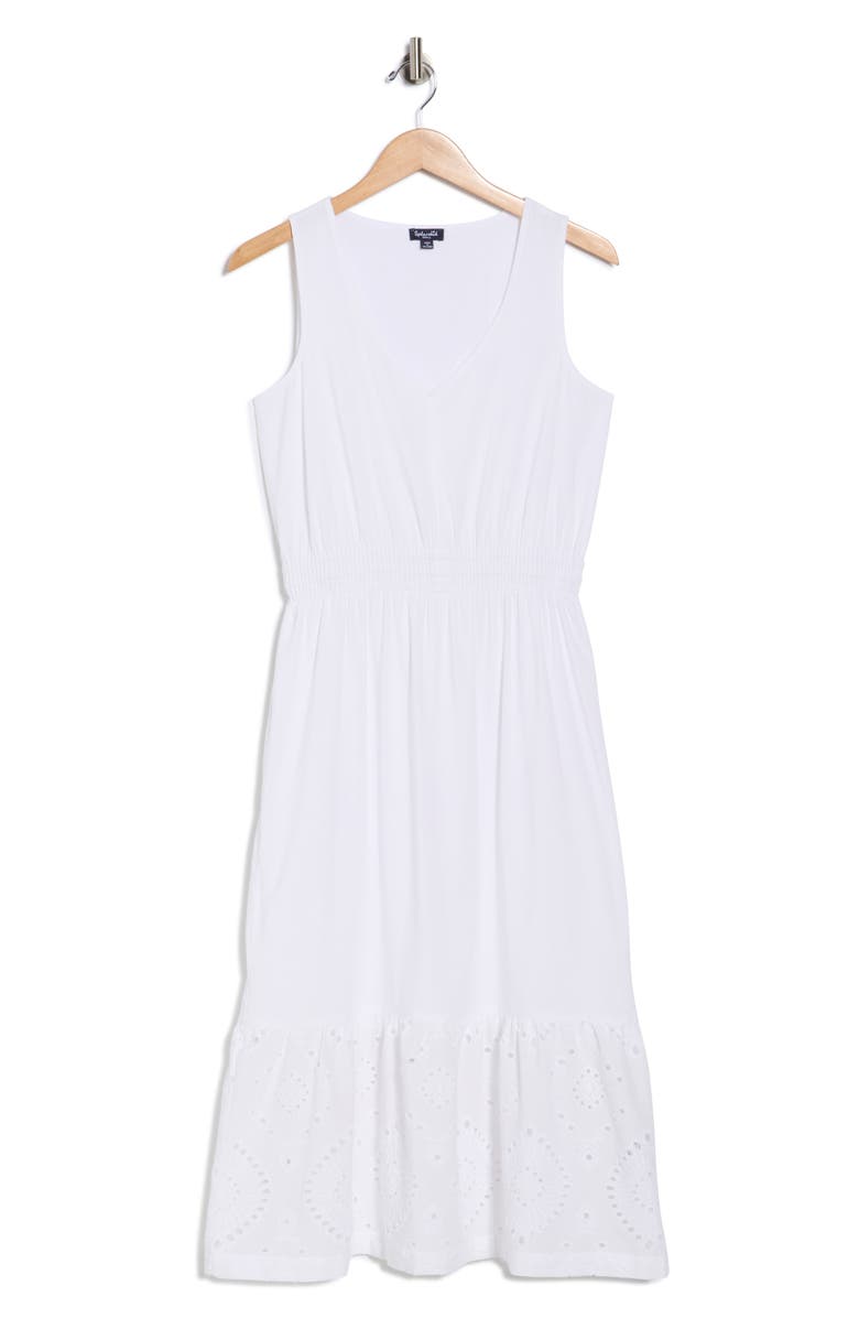 Splendid Embroidered Eyelet Sleeveless Cotton Blend Midi Dress, Alternate, color, White