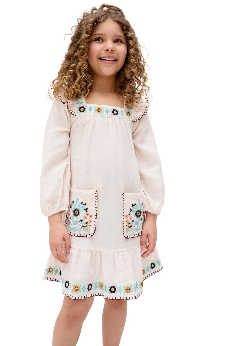 Raffya Kids Lisa Square Neck Embroidered Dress, Alternate, color, Ecru