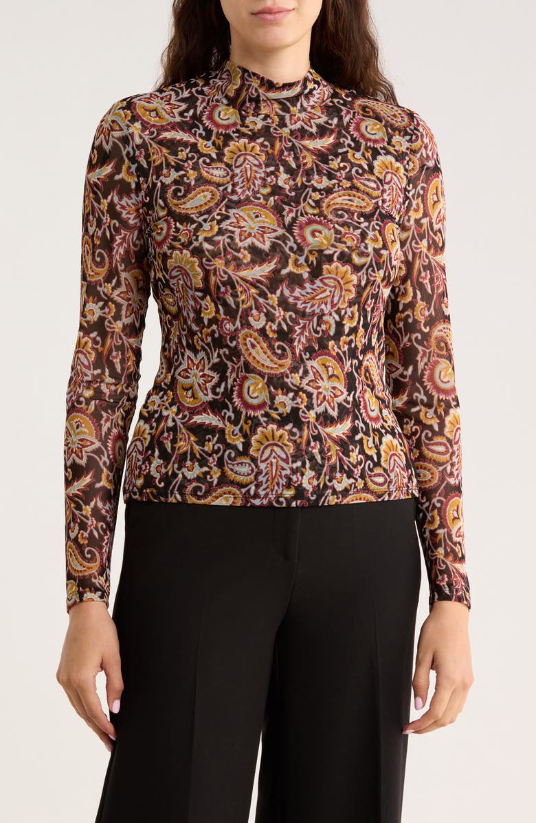 Ted Baker Paisley Mock Neck Long Sleeve Mesh Top, Main, color, Chai Tea