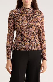 Ted Baker Paisley Mock Neck Long Sleeve Mesh Top