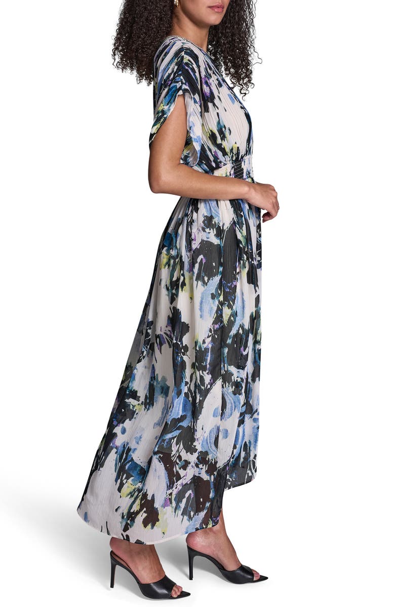 BCBG Abstract Print Plissé Chiffon Midi Dress, Alternate, color, Parchment Multi