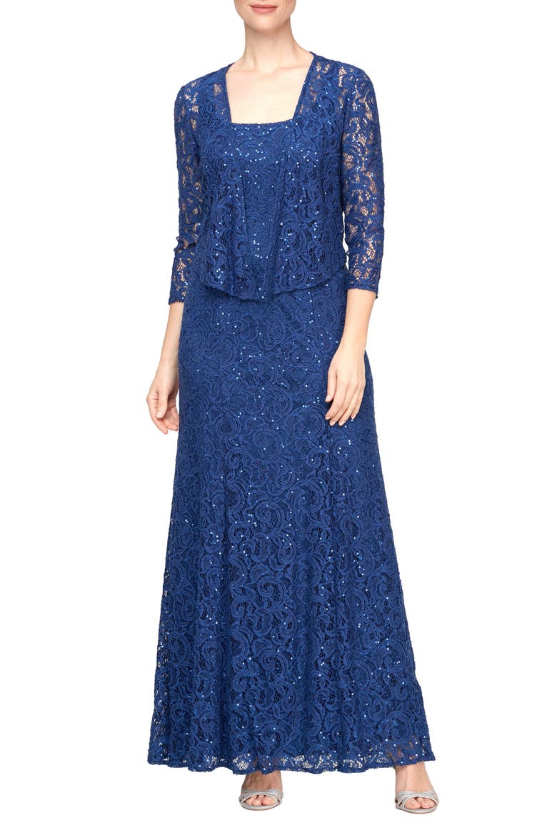 Two-Piece Sequin Lace Gown & Jacket, Main, color, ROYAL