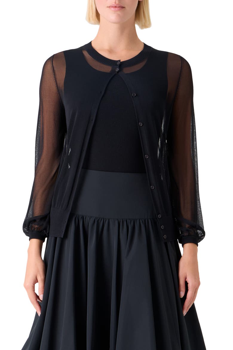 Sheer Bishop Sleeve Cardigan, Main, color, BLACK