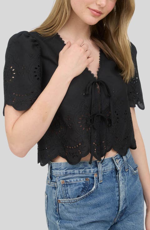 Eyelet Trim Tie Front Top