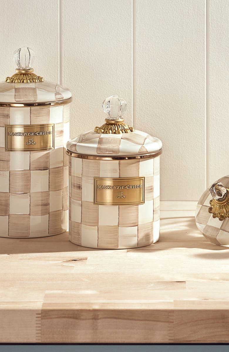 MACKENZIE CHILDS Mocha Check Small Enameled Steel Canister, Alternate, color, Mocha