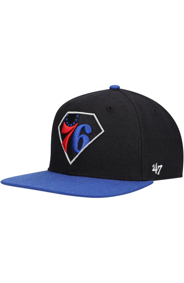 '47 Men's '47 Black/Royal Philadelphia 76ers 75th Anniversary Carat Captain Snapback Hat, Alternate, color, Black