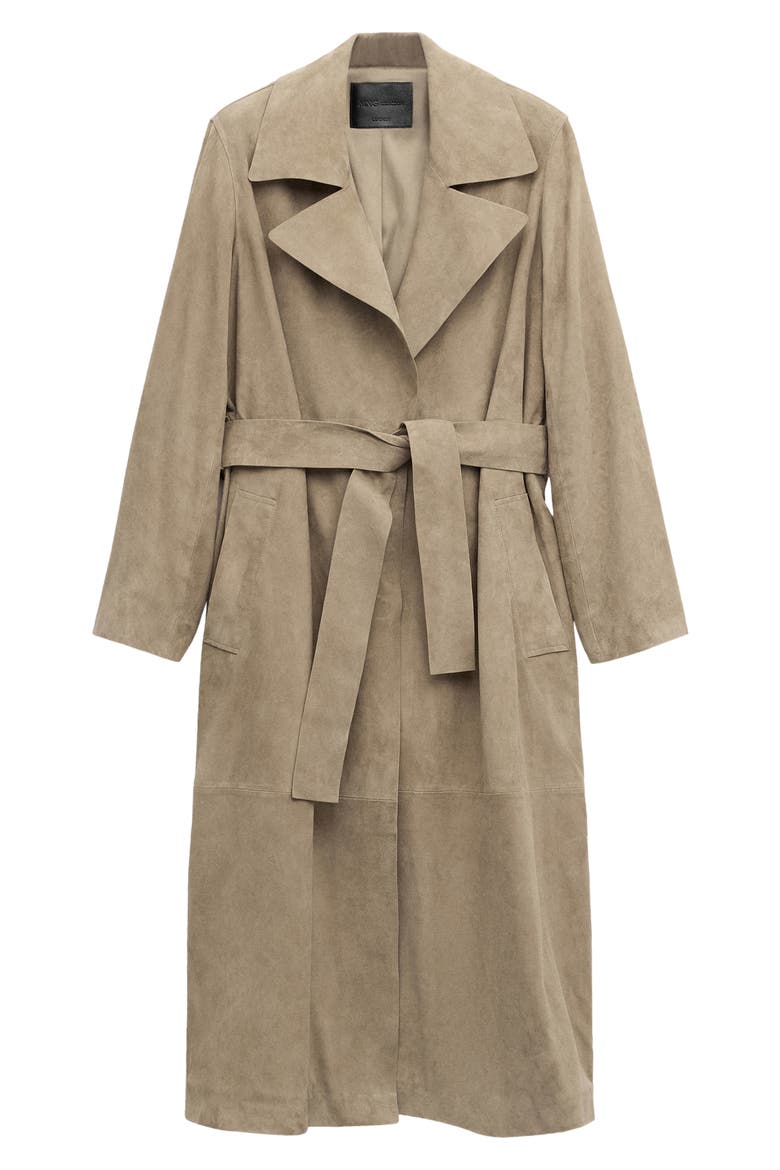 Long Belted Suede Trench Coat, Main, color, MEDIUM BROWN