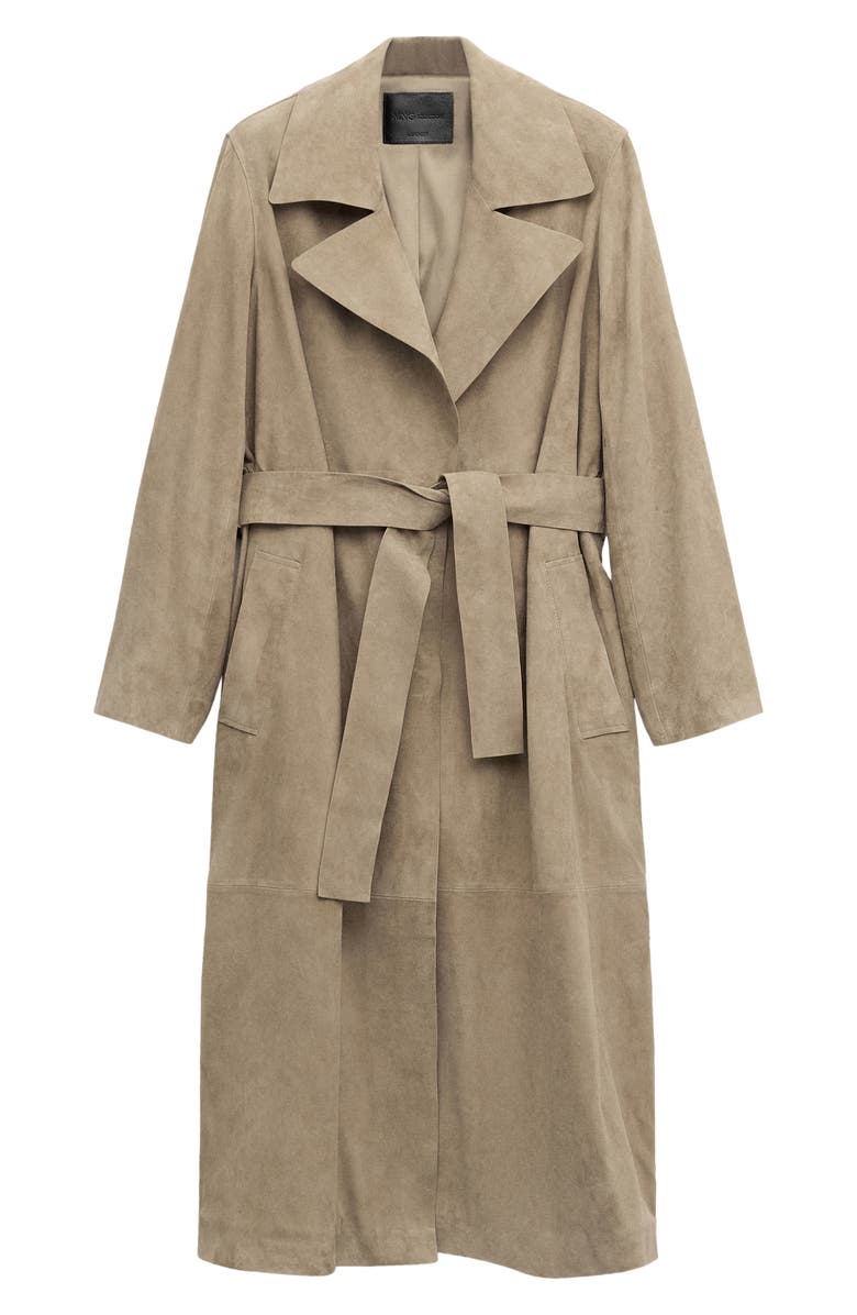 MANGO Long Belted Suede Trench Coat, Main, color, Medium Brown