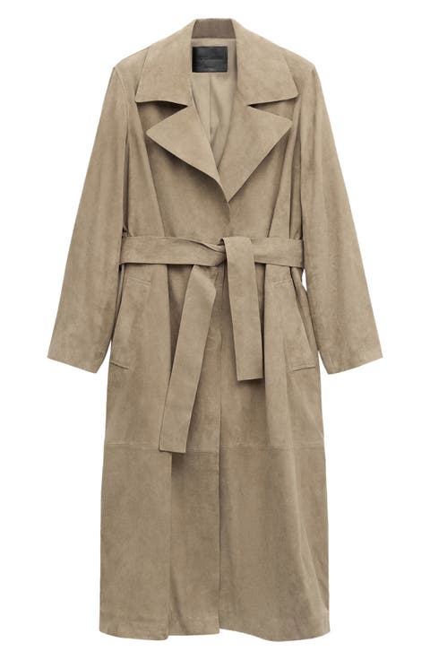 Long Belted Suede Trench Coat