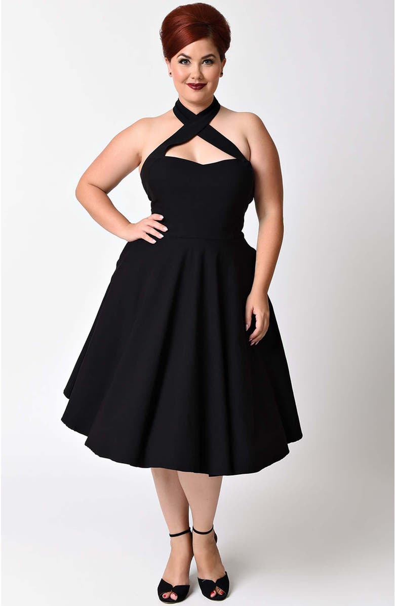 Unique Vintage Plus Size 1950s Criss Cross Halter Rita Flare Dress, Main, color, Black