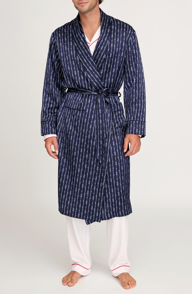 Petite Plume Nautical Stripe Mulberry Silk Robe, Main, color, Navy