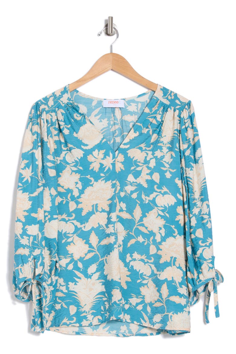 Floral Balloon Sleeve Top, Alternate, color, BLUE