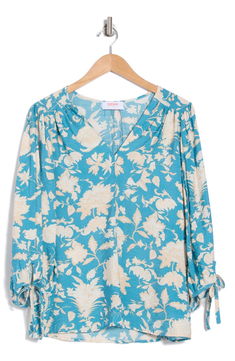 Renee C Floral Balloon Sleeve Top, Alternate, color, Blue