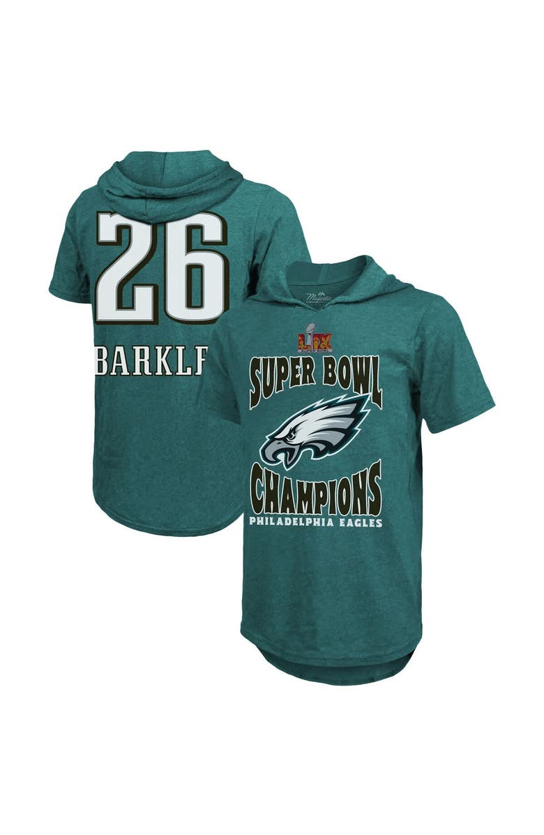 Majestic Threads Men's Majestic Threads Saquon Barkley Midnight Green Philadelphia Eagles Super Bowl LIX Champions Name & Number Tri-Blend Short Sleeve Pullover Hoodie, Main, color, 