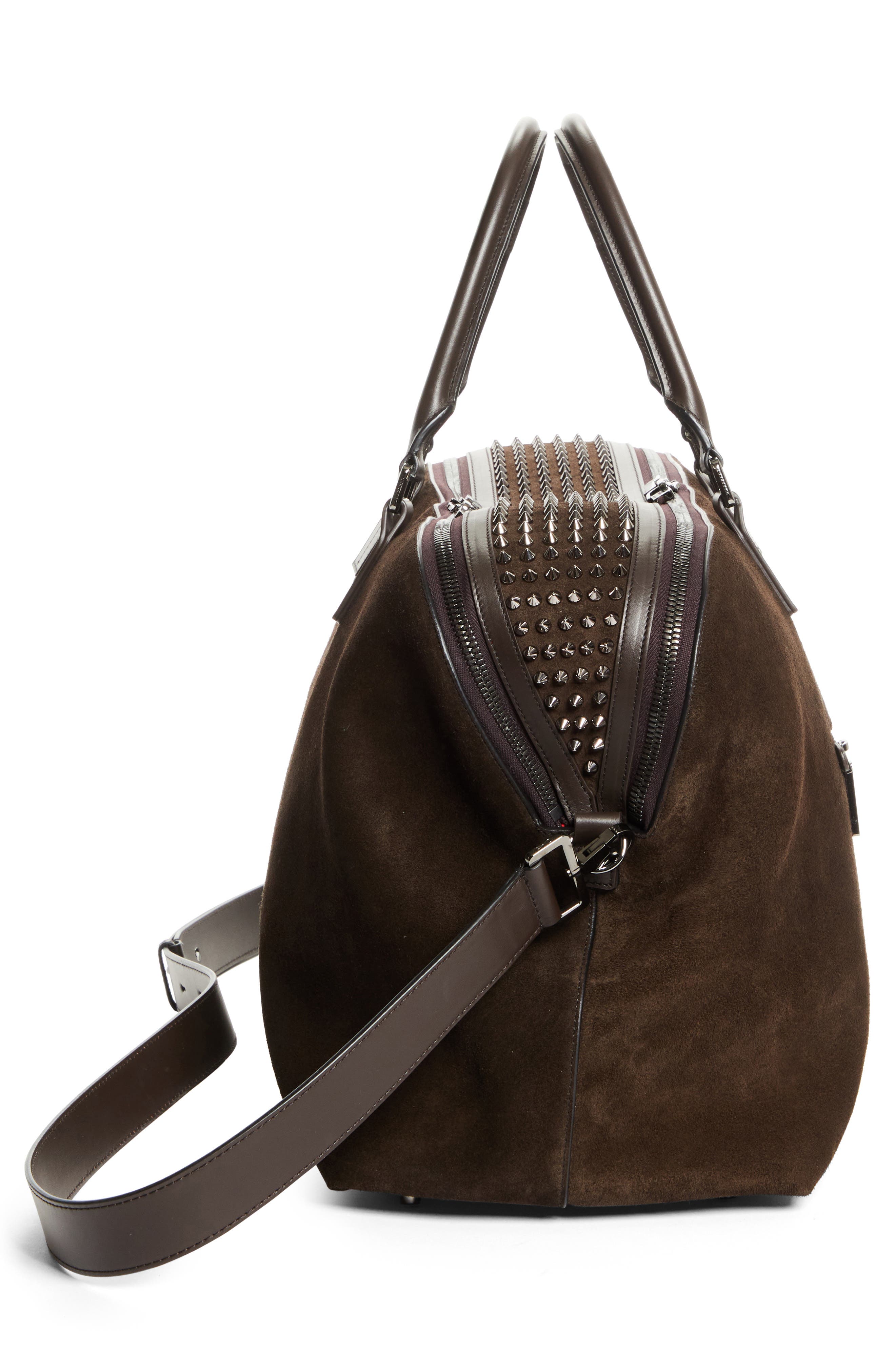 Christian Louboutin Funky Empire Spike Suede Weekend Bag, Alternate, color, Cafe/ Gun Metal