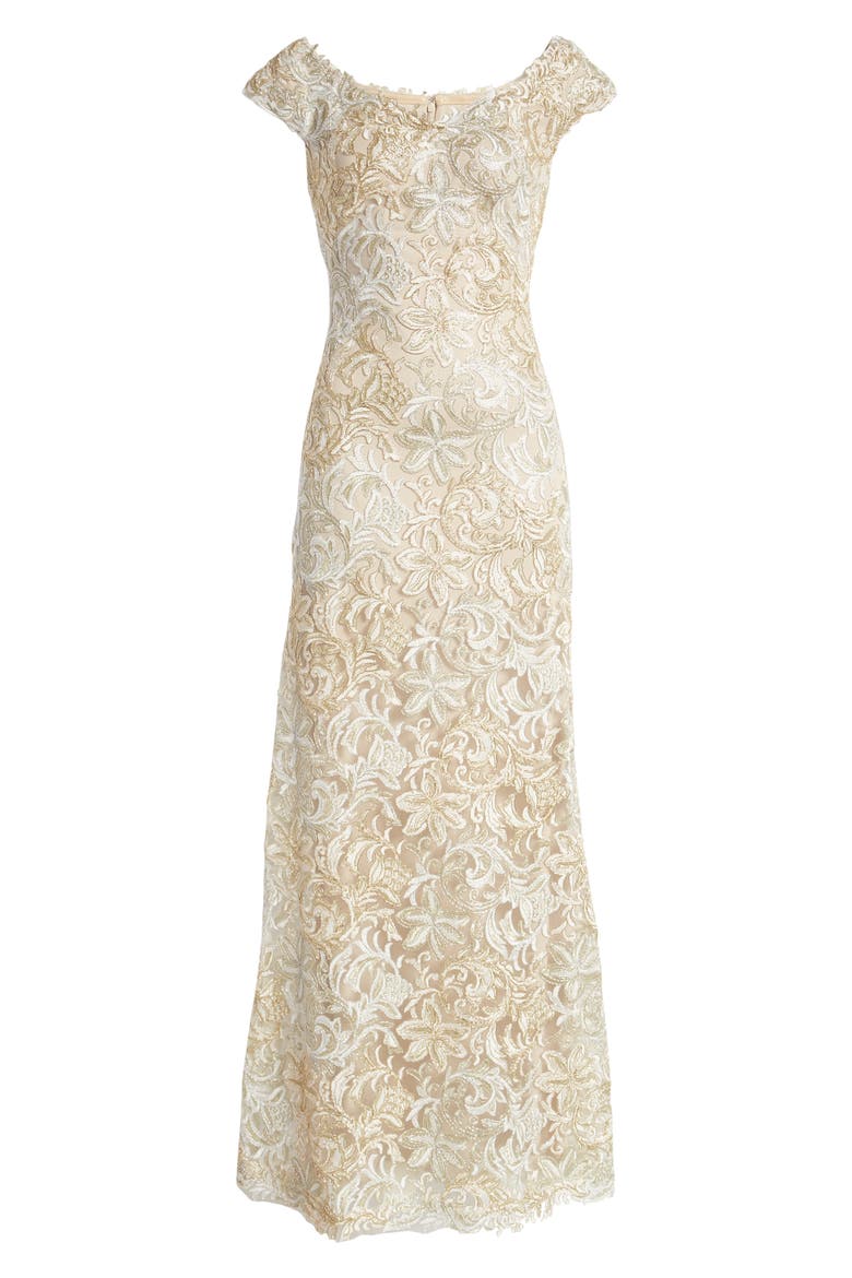 Cap Sleeve Embroidered Lace Gown, Alternate, color, WHITE/GOLD