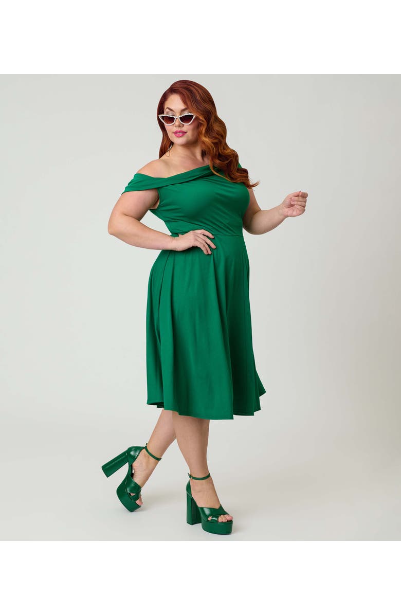 Unique Vintage Plus Size Asymmetrical Neck Swing Dress, Alternate, color, Green Solid