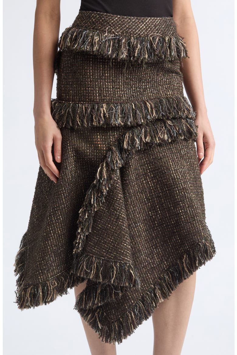 Fringe Asymmetric Wool Blend Tweed Skirt, Alternate, color, BROWN