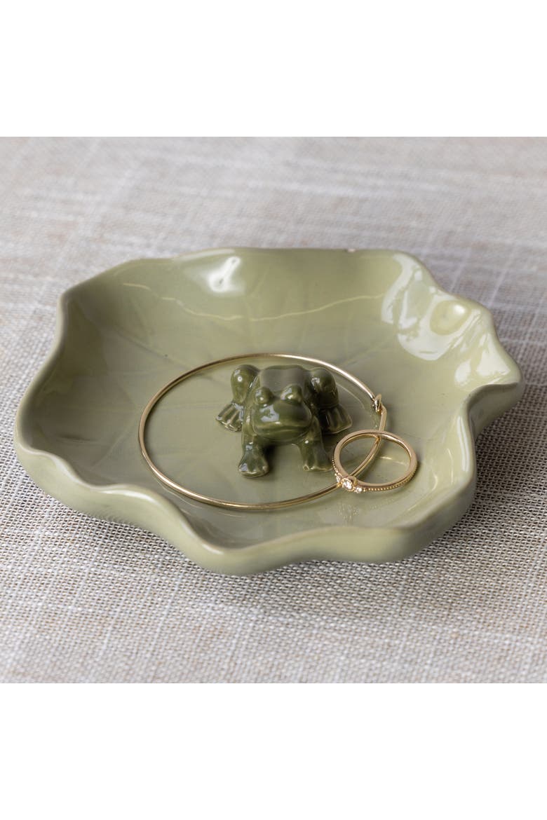 Ceramic Lily Pad Dish with Frog Green for Spring Tabletop Decor, Alternate, color, Green