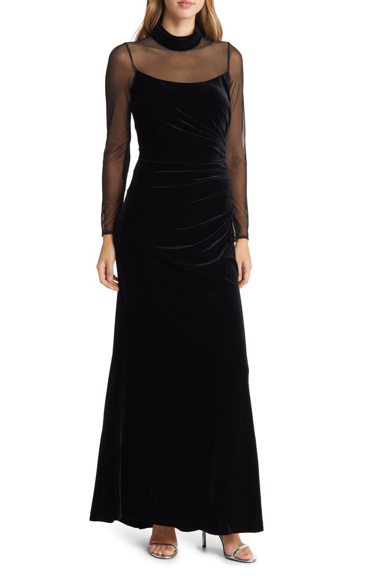 Eliza J Mock Neck Long Sleeve Mixed Media Velvet Gown, Main, color, 
