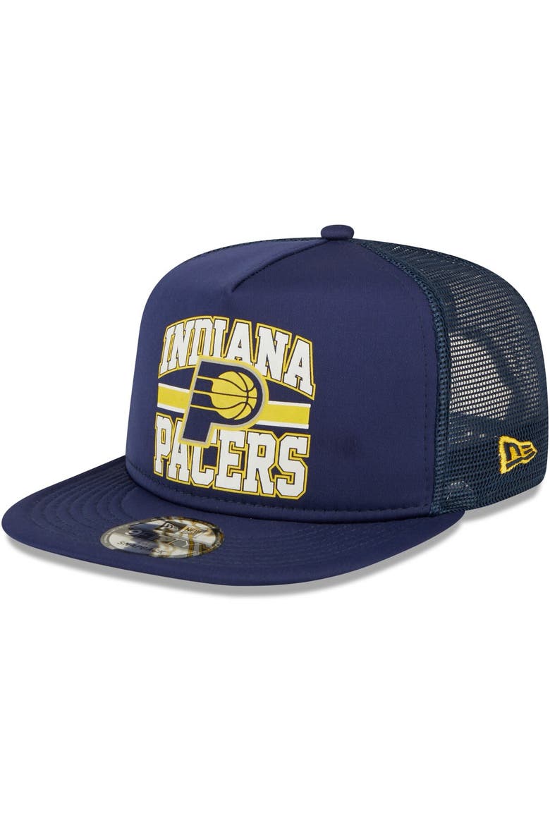 Men's New Era Navy Indiana Pacers A-Frame 9FIFTY Snapback Trucker Hat, Main, color, Navy