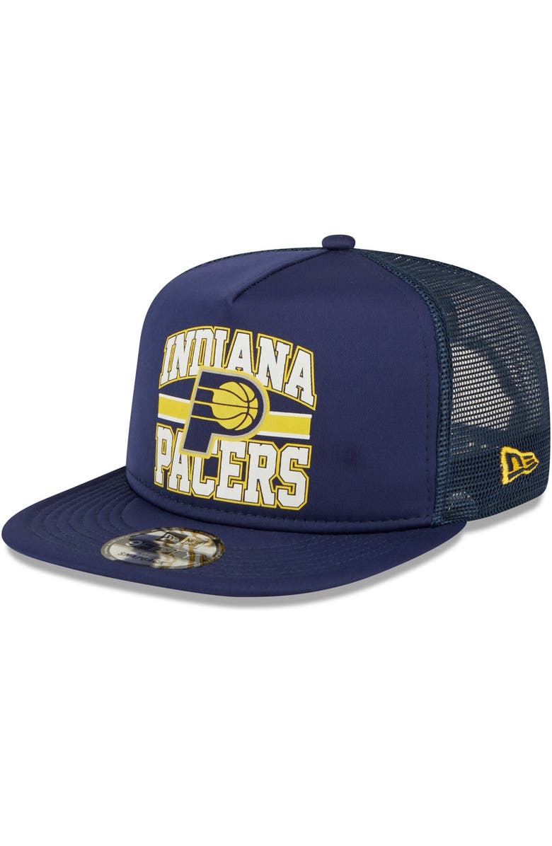 New Era Men's New Era Navy Indiana Pacers A-Frame 9FIFTY Snapback Trucker Hat, Main, color,