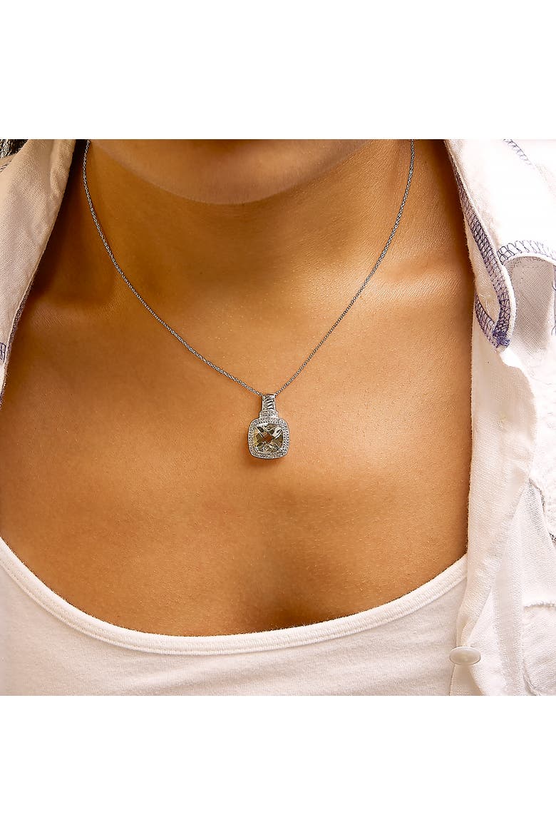 Sterling Silver Cushion Gray Green Amethyst and Diamond Accent Halo Pendant Necklace, Alternate, color, Silver