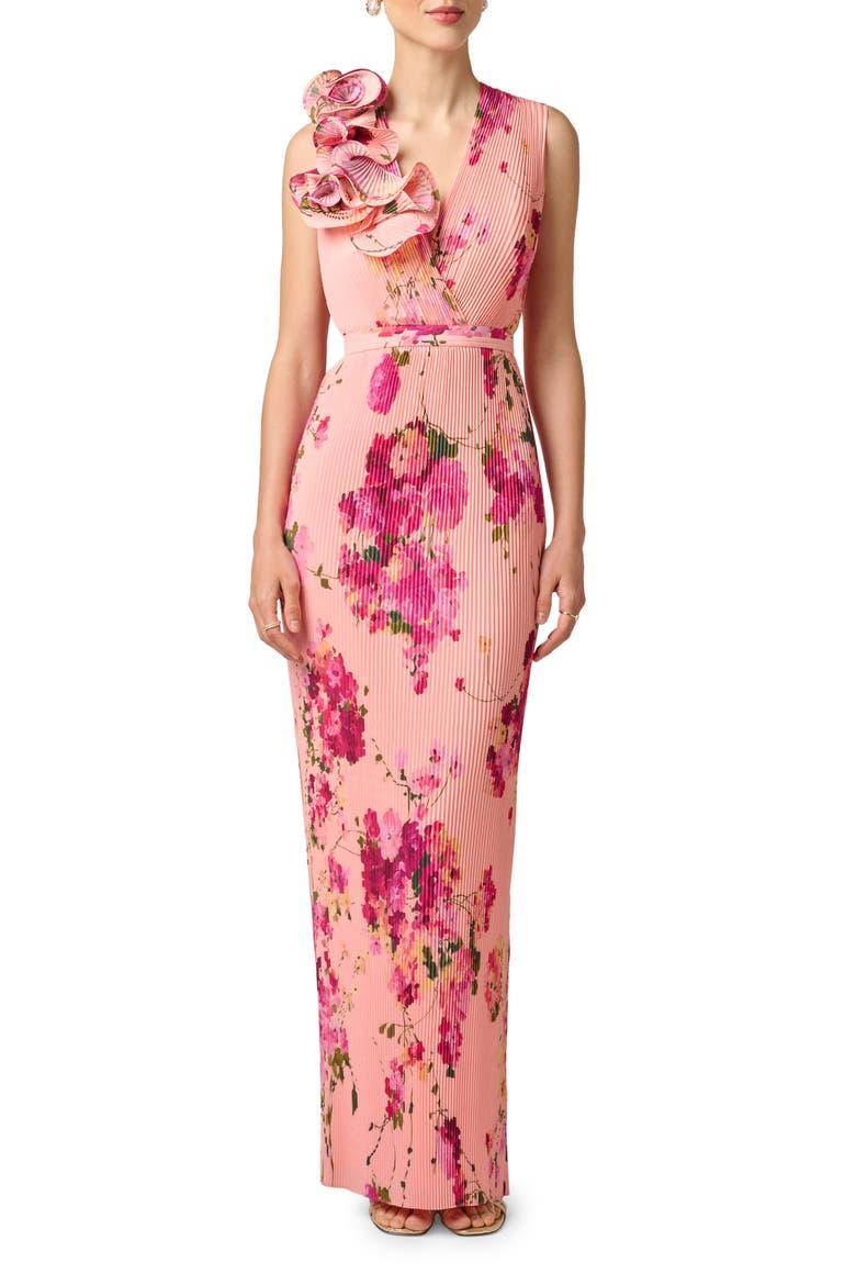 Print Plissé Sleeveless Gown, Main, color, PINK MULTI