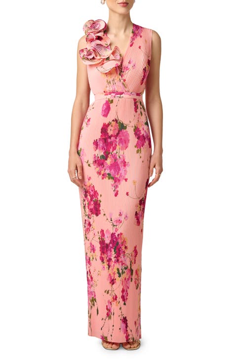 Print Plissé Sleeveless Gown