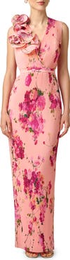 Aidan Mattox Print Plissé Sleeveless Gown