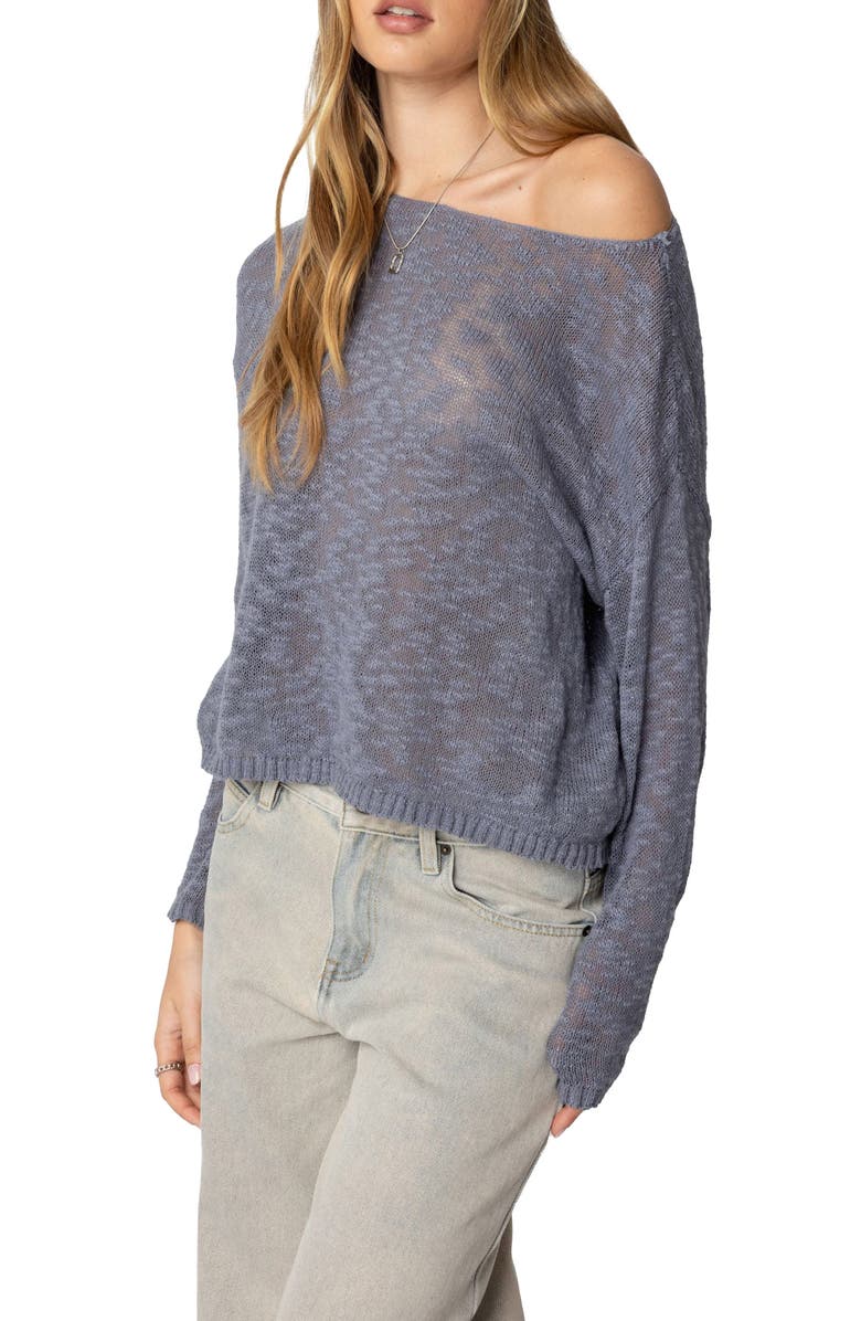 EDIKTED Bri One-Shoulder Open Stitch Sweater, Alternate, color, Blue